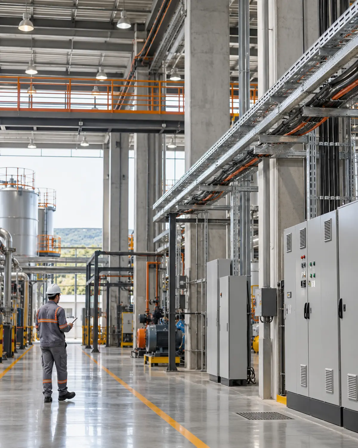 Instalações industriais organizadas com profissional realizando inspeção de manutenção