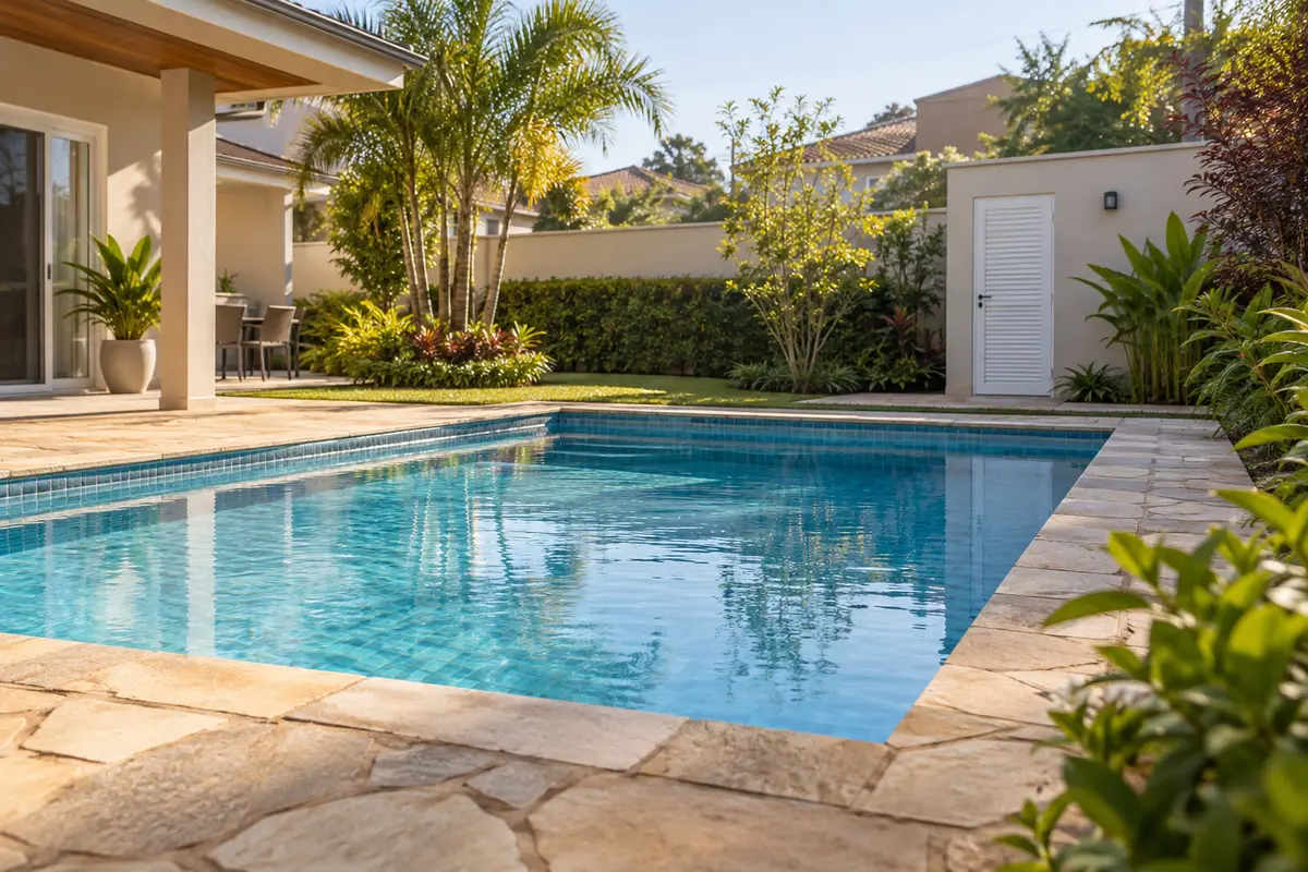 Piscina residencial com piso e jardim bem conservados