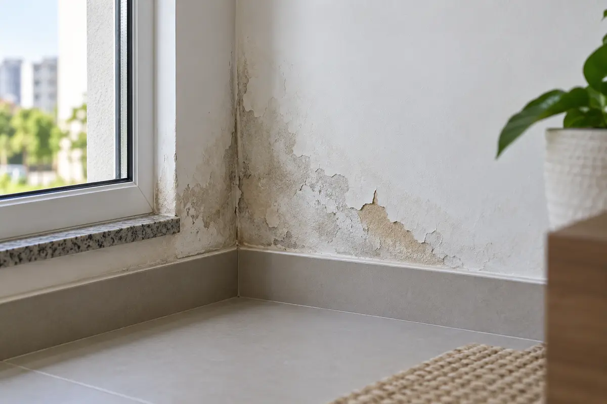 Parede com mancha localizada de umidade e pintura descascada junto à janela